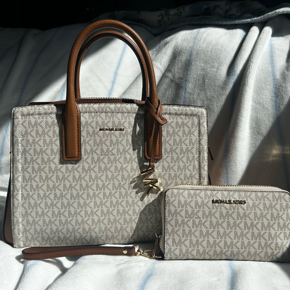 Michael Kors Cream and Brown Signature Satchel and matching wallet
